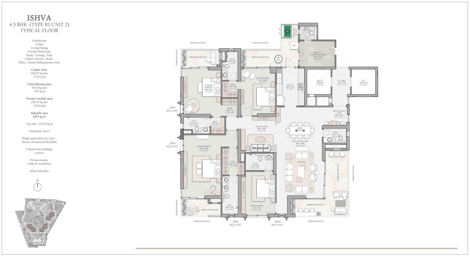 TARC Ishva 4.5 BHK Type B3 Unit 2 Floor Plan 3973 sq ft Sector 63A Gurugram