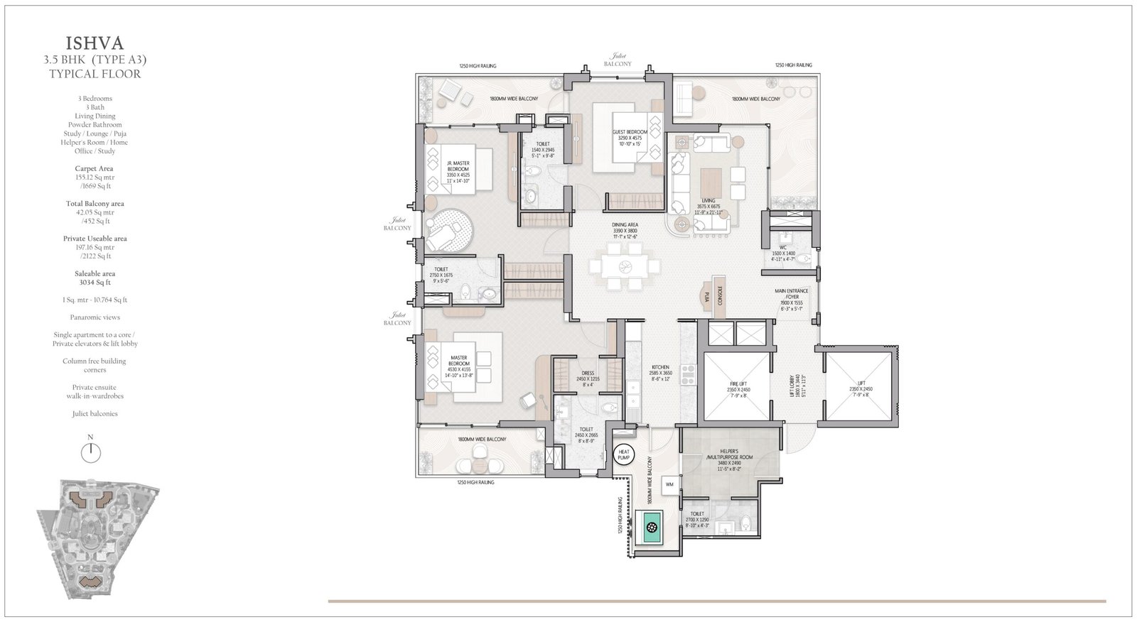 TARC Ishva 3.5 BHK Type A3 Floor Plan 3035 sq ft Sector 63A Gurugram