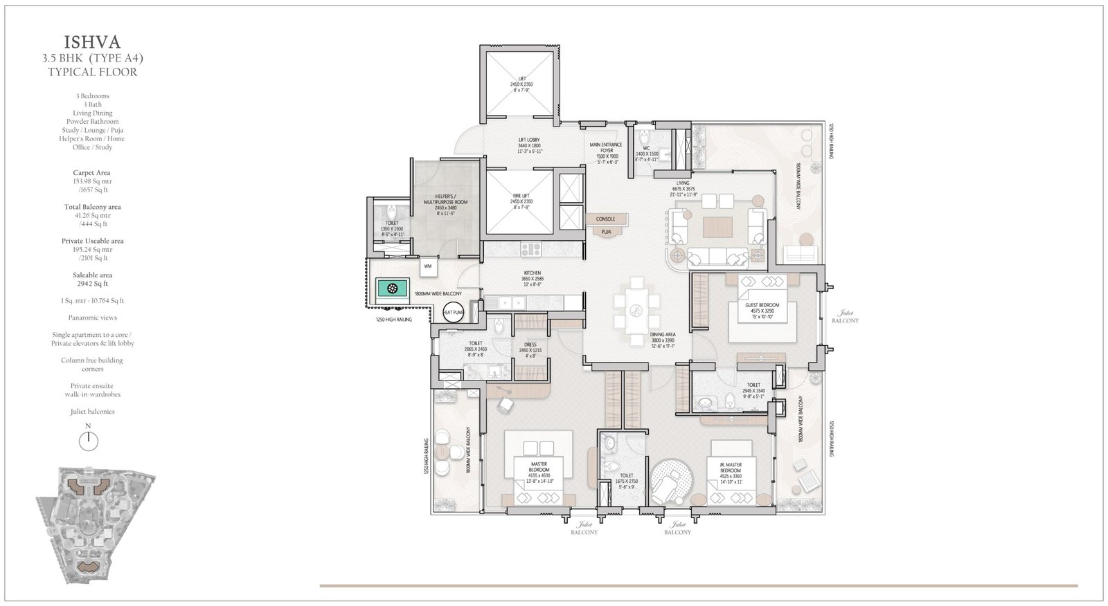TARC Ishva 3.5 BHK Type A4 Floor Plan 2942 sq ft Sector 63A Gurugram