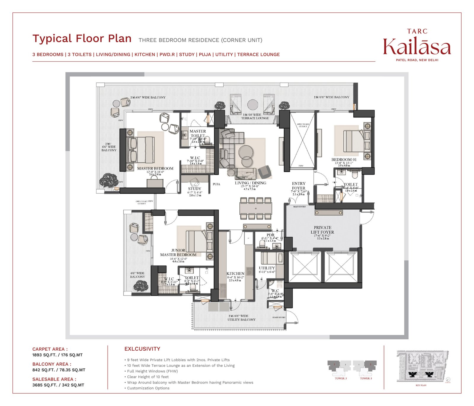 TARC Kailasa 3 BHK Corner Unit Floor Plan 3685 sq ft Kirti Nagar