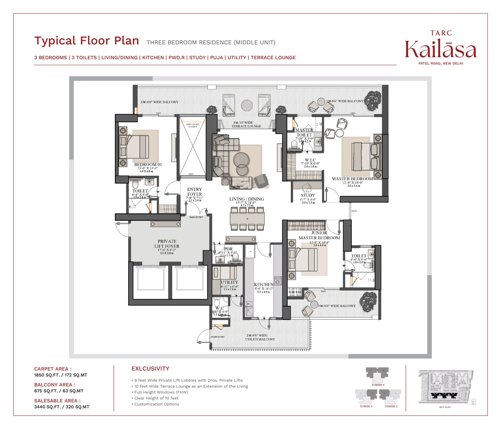 TARC Kailasa 3 BHK Middle Unit Floor Plan 3440 sq ft Kirti Nagar