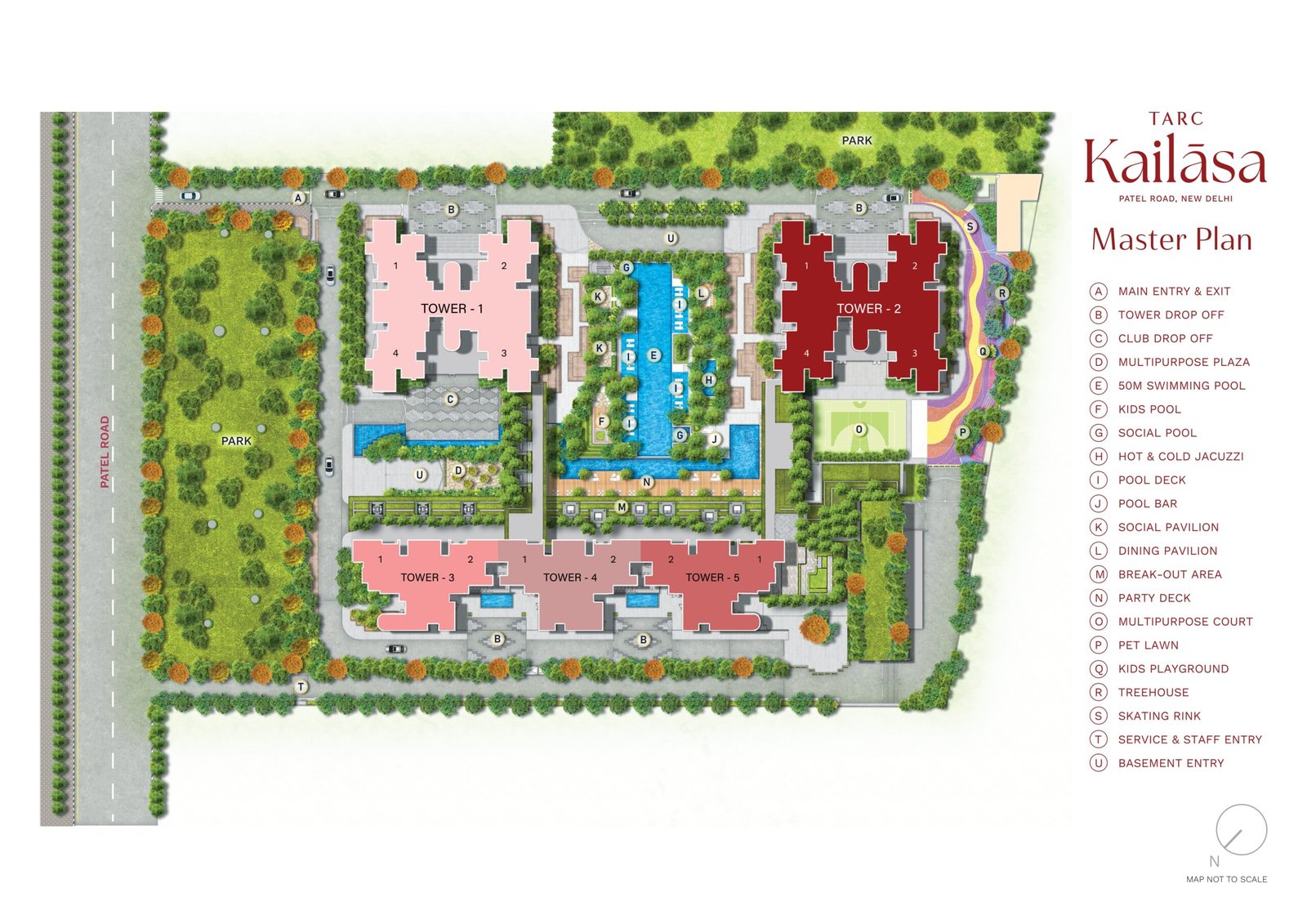 TARC Kailasa Master Plan showing Tower 1-5, pools, amenities and Patel Road frontage