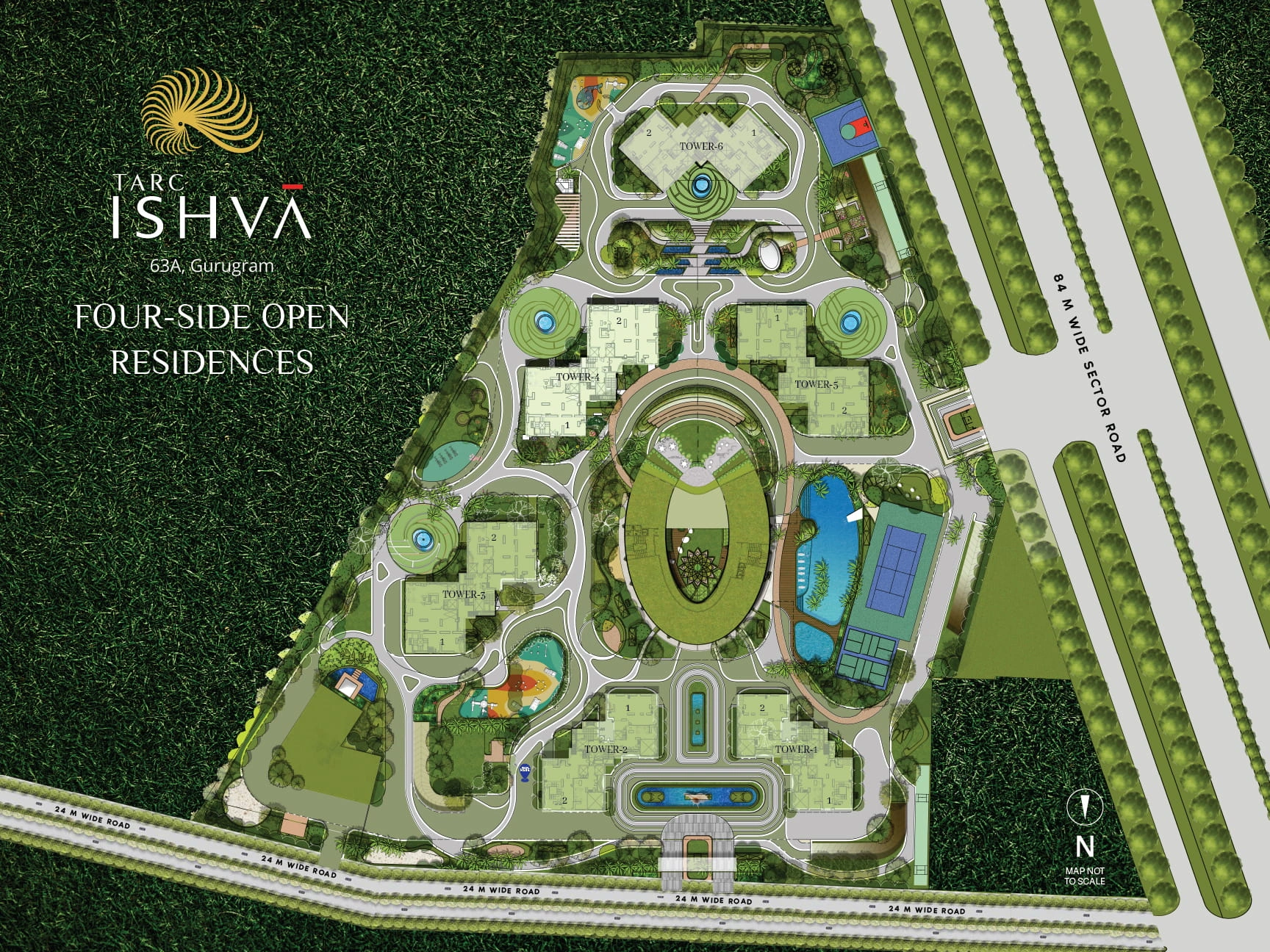 TARC Ishva Master Plan showing 6 towers, central oval garden, tennis court and pool, Sector 63A Gurugram